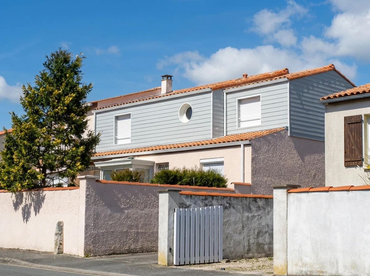 Maison individuelle avec surélévation en bardage PVC gris clair, toiture en tuiles canal terre cuite, fenêtres à volets roulants