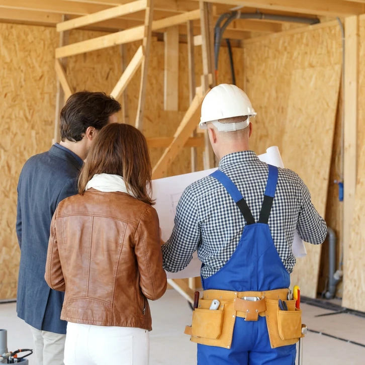 Chantier de construction résidentielle avec architecte ou contremaître en casque blanc et salopette bleue présentant des plans à un couple de clients